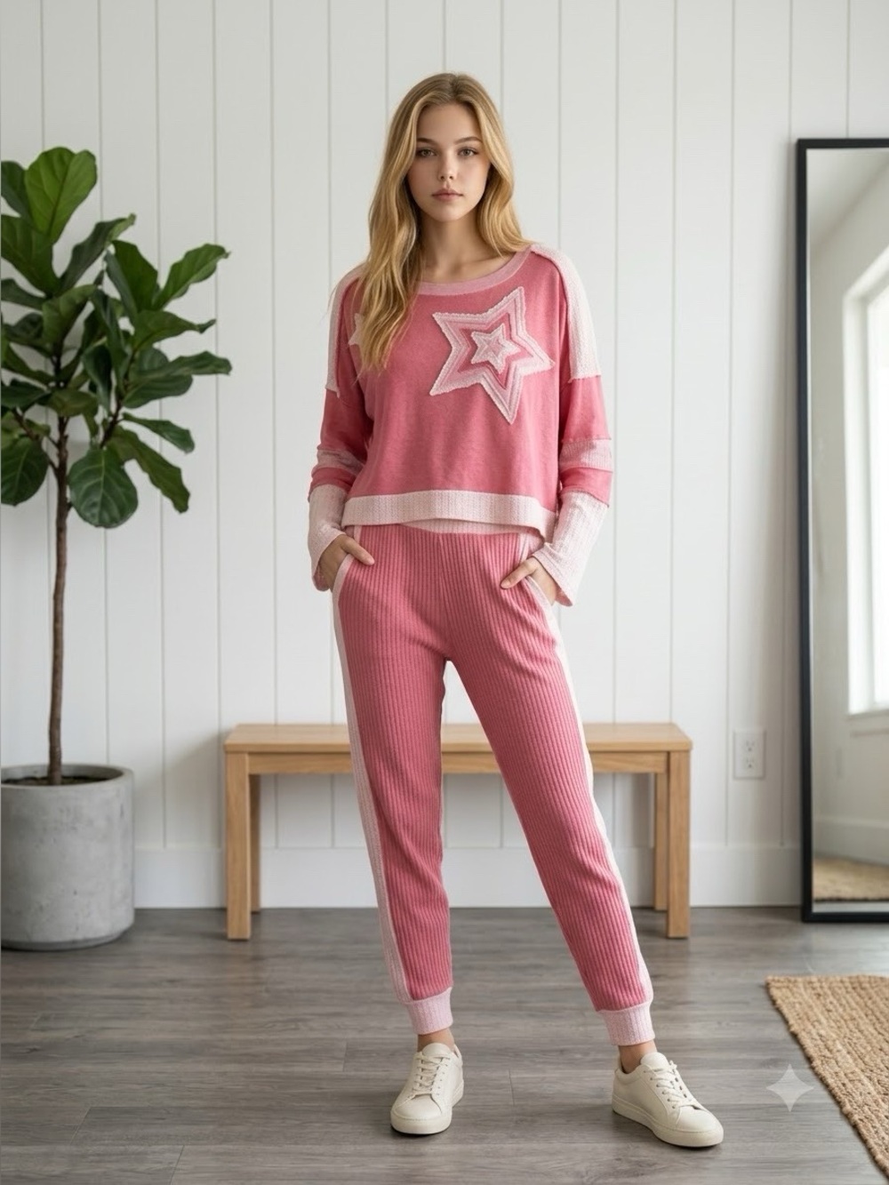 POL Pink Shining Star Patchwork Long Sleeve Pull On Top - Medium (Pre-owned)